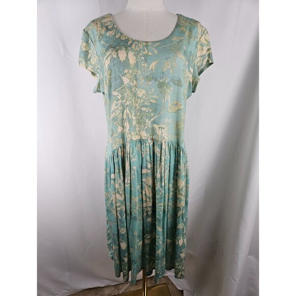 Peruvian Connection White Lotus Dress Large Midi Aqua Fit And Flare Floral Boho - Picture 3 of 10